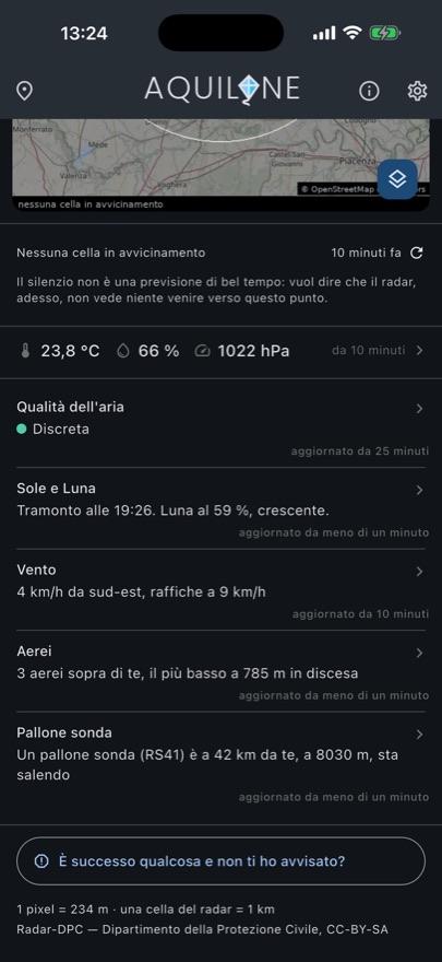 L'elenco di quel che l'app sa adesso: qualità dell'aria, Sole e Luna, vento, aerei, pallone sonda