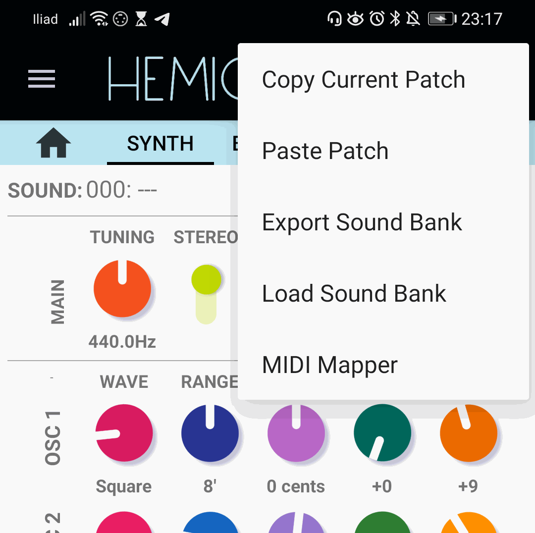 Gianluca Barbaro's Roland Mini Blog - Hemiola Android app - Analog Synth Module - Menu